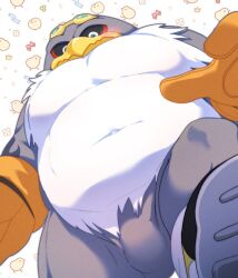 1boy albatross bara beak belly biini bird_boy black_shoes blush bulge closed_mouth commentary english_commentary from_below furry furry_male gloves goggles goggles_on_head grey_feathers looking_at_viewer looking_up male_focus navel pectorals plump shoes sneakers sonic_(series) sonic_riders_(series) storm_the_albatross yellow_gloves