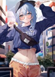 1girl bag baseball_cap blue_eyes blue_hair blurry blurry_background casual commentary crop_top earrings glasses hat highres hololive hoshimachi_suisei jewelry long_hair long_sleeves looking_at_viewer midriff nail_polish navel outdoors pants parted_lips round_eyewear sa-ya2 shoulder_bag side_ponytail solo star_(symbol) star_in_eye symbol-only_commentary symbol_in_eye virtual_youtuber
