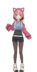 1girl :3 animal_hood anime_coloring bare_shoulders belt bob_cut cat_hood closed_mouth earrings full_body hood hooded_jacket hoodie jacket jewelry long_sleeves looking_at_viewer mob_kara_hajimaru_tansaku_eiyuutan moriyama_miku pantyhose pink_eyes pink_hair shoes short_hair short_shorts shorts simple_background sleeves_past_wrists smile socks solo standing thighhighs white_belt white_shoes yasuda_shouko