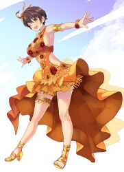 1girl absurdres arm_garter bare_shoulders blush breasts brown_eyes brown_hair clothing_cutout cloud commission dot_nose dress flower full_body gold_footwear gradient_sky hair_flower hair_ornament halterneck high_heels highres idolmaster idolmaster_cinderella_girls idolmaster_cinderella_girls_starlight_stage large_breasts looking_at_viewer miniskirt oikawa_shizuku one_eye_closed open_hand open_mouth orange_dress orange_overskirt outstretched_arms red_flower short_hair side_cutout skeb_commission skirt sky sleeveless sleeveless_dress smile solo standing thigh_strap wrist_flower yellow_flower youhei_(testament)