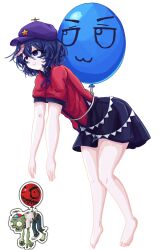 1girl :3 absurdres balloon barefoot black_skirt blue_hair closed_mouth empty_eyes full_body hair_between_eyes hashtag-only_commentary hat hat_ornament highres jiangshi miyako_yoshika nanaii_desu neck_ribbon newsboy_cap ofuda outstretched_arms plants_vs._zombies propeller_hat purple_eyes purple_hat red_shirt reference_inset ribbon shirt short_hair short_sleeves simple_background skirt smile solo star_(symbol) star_hat_ornament touhou white_background zombie zombie_(plants_vs_zombies) zombie_pose
