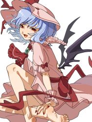1girl ascot back_bow barefoot bat_wings blue_hair bow dress fang feet fingernails frilled_cuffs gem green_gemstone hair_between_eyes hand_on_own_foot hat looking_at_viewer medium_hair mob_cap mozupoko pink_dress puffy_short_sleeves puffy_sleeves red_ascot red_eyes red_nails red_ribbon remilia_scarlet ribbon sharp_fingernails short_sleeves sitting sleeve_bow solo touhou vampire white_background wings