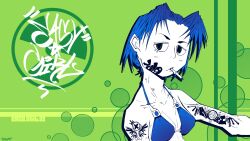 1girl absurdres arm_tattoo artist_logo bikini cheek_tattoo cigarette collarbone commentary digitab english_commentary graffiti green_background hair_intakes highres holding holding_cigarette limited_palette logo mouth_hold original short_hair shoulder_tattoo solo swimsuit tattoo upper_body y2k_fashion