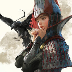 1girl armor bird black_bird blush brown_eyes brown_hair commentary english_commentary from_side full_armor grey_background helmet highres lips looking_to_the_side original own_hands_together parted_lips sangsoo_jeong solo teeth upper_body vambraces