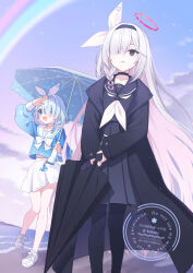 2girls :d arona_(blue_archive) beach black_coat black_eyes black_hairband black_pantyhose black_sailor_collar black_shirt black_skirt black_umbrella blue_archive blue_hair blue_halo blue_shirt blue_umbrella blush bow bow_hairband bowtie braid choker coat collarbone commentary_request feet_out_of_frame grey_hair hair_over_one_eye hairband halo highres koto_(colorcube) long_hair long_sleeves looking_ahead multiple_girls neckerchief open_clothes open_coat open_mouth outdoors pantyhose plana_(blue_archive) pleated_skirt rainbow red_halo sailor_collar shirt shoes short_hair single_braid skirt smile sneakers standing umbrella very_long_hair watermark white_bow white_bowtie white_choker white_hairband white_neckerchief white_sailor_collar white_shoes white_skirt