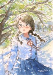 Rule 34 | 1girl, :d, artist name, blue skirt, blush, braid, buttons, collared shirt, cowboy shot, dappled sunlight, day, funamoto yumiko, glasses, highres, looking to the side, open mouth, original, outdoors, pleated skirt, red ribbon, ribbon, shirt, signature, skirt, smile, solo, standing, sunlight, tree, twin braids, white shirt