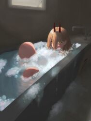 1girl bath bathtub bubble chainsaw_man demon_girl demon_horns hair_between_eyes highres horns kgi_illus long_hair long_hair_between_eyes power_(chainsaw_man) soap_bubbles solo yellow_eyes