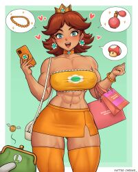 1girl absurdres bag blue_eyes blush bottle bracelet breasts cellphone cheekie choker coin covered_erect_nipples crown curvy earrings female_focus freckles gloves gluteal_fold gold_coin handbag heart highres jewelry luigi mario_(series) medium_breasts midriff muscular muscular_female mushroom navel nintendo perfume_bottle phone princess_daisy short_hair solo super_mushroom sweat thick_thighs thighhighs thighs