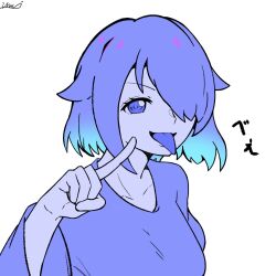 Rule 34 | 1girl, artist request, hair over one eye, highres, long tongue, pointing, short hair, tagme, tongue, tongue out