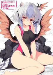 1girl alternate_costume barefoot bird_wings black_one-piece_swimsuit breasts closed_mouth commentary_request commission competition_swimsuit grey_hair head_wings highres horns large_breasts looking_at_viewer multicolored_hair one-piece_swimsuit purple_hair red_eyes red_wings sakurame second-party_source short_hair sidelocks single_head_wing sitting skeb_commission solo swimsuit tokiko_(touhou) touhou two-tone_hair v_arms wariza wings