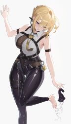 1girl absurdres arm_strap armpit_crease black_pants blonde_hair breasts chest_harness evelyn_chevalier hair_up harness high-waist_pants highres large_breasts leg_up necktie pants purple_eyes ring_hair_ornament shirt sleeveless sleeveless_shirt solo sweat thigh_gap tight_clothes tight_pants unnunal_(unneonal) unworn_socks white_background white_shirt yellow_necktie zenless_zone_zero