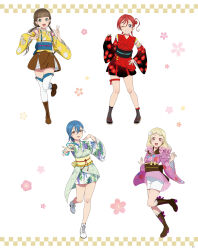 Rule 34 | 4girls, artbook, blonde hair, blue eyes, blue hair, boots, braid, brown hair, detached sleeves, floral print, flower, full body, green eyes, green kimono, hair between eyes, hair ornament, highres, japanese clothes, kimono, lace-up boots, long hair, looking at viewer, love live!, love live! superstar!!, multicolored hair, multiple girls, non-web source, obi, official art, one eye closed, onitsuka natsumi, open mouth, orange eyes, pink eyes, pink kimono, red hair, red kimono, sakurakoji kinako, sash, short hair, short kimono, shorts, smile, standing, thighhighs, twintails, v, wakana shiki, wide sleeves, yellow kimono, yoneme mei