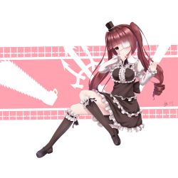 1girl absurdres bad_id bad_pixiv_id black_dress black_ribbon black_shoes black_socks blunt_bangs brown_eyes brown_hair dress drill_hair eyepatch female_focus frilled_dress frilled_sleeves frilled_socks frills full_body gothic_lolita hanazono_yurine hat highres jashin-chan_dropkick kneehighs laoan lolita_fashion long_hair long_sleeves looking_at_viewer mary_janes mini_hat mini_top_hat ribbon ribbon-trimmed_legwear ribbon_trim shoes socks solo top_hat twin_drills twintails very_long_hair