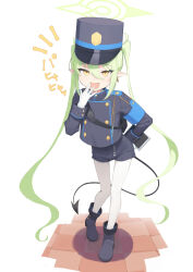 1girl afe. arm_behind_back black_boots blue_archive blue_hat blue_shorts boots commentary demon_tail fang gloves green_hair hair_between_eyes halo hat long_hair mesugaki nozomi_(blue_archive) panties peaked_cap shorts smile solo tail translated twintails underwear white_gloves white_panties yellow_eyes