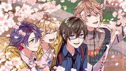 4boys :d ^_^ ahoge arm_around_shoulder arm_up artist_name black-framed_eyewear black_hair black_necktie blonde_hair blue_eyes blue_shirt blurry blurry_background blurry_foreground branch brown_hair cherry_blossoms closed_eyes closed_mouth collarbone collared_shirt colored_inner_hair commentary day diamond-shaped_pupils diamond_(shape) earclip earrings falling_petals flower fura_kanato glasses grey_jacket hair_between_eyes hair_intakes highres jacket jewelry lapels long_sleeves looking_at_another looking_at_viewer looking_up lower_teeth_only male_focus mapogeso mole mole_on_neck multicolored_eyes multicolored_hair multicolored_jacket multiple_boys necklace necktie nijisanji open_clothes open_jacket open_mouth outdoors parted_bangs petals pink_flower pink_hair purple_eyes purple_hair red_eyes red_hair semi-rimless_eyewear seraph_dazzlegarden shikinagi_akira shirt short_hair signature smile streaked_hair suspenders symbol-only_commentary symbol-shaped_pupils teeth twitter_username two-tone_eyes two-tone_hair under-rim_eyewear upper_body upper_teeth_only virtual_youtuber voltaction watarai_hibari watermark white_jacket white_shirt wing_collar yellow_eyes yellow_jacket zipper_pull_tab