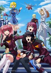 Rule 34 | 3girls, 5boys, agnes giebenrath, alternate color, auel neider, bento, black hair, blonde hair, chopsticks, compass uniform, copyright name, eating, food, fork, gundam, gundam seed, gundam seed freedom, heine westenfluss, highres, holding, holding fork, looking at viewer, lunamaria hawke, lunchbox, military uniform, multiple boys, multiple girls, purple eyes, red eyes, red hair, rey za burrel, sandwich, shinn asuka, sitting, skirt, smile, stellar loussier, sting oakley, takatoshi, z&#039;gok (seed)