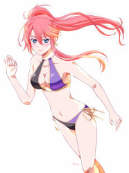 1girl artist_name bikini blue_eyes breasts cleavage double-parted_bangs earrings eiyuu_densetsu floating_hair hair_between_eyes jewelry judith_lanster kuro_no_kiseki_(series) long_sidelocks looking_at_viewer medium_breasts multicolored_hair navel pink_hair ponytail sidelocks simple_background single_sidelock smile solo streaked_hair swimsuit two-tone_hair waving white_background xiacheng_tatsuya