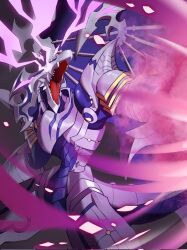 10_09hwan cowboy_shot digimon digimon_(creature) dorugoramon dragon glowing glowing_eyes highres open_mouth purple_eyes sharp_teeth simple_background solo teeth tongue