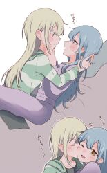 2girls absurdres bang_dream! bang_dream!_it&#039;s_mygo!!!!! between_legs blonde_hair blue_hair blush closed_mouth commentary green_hoodie hand_in_another&#039;s_hair heart highres hood hoodie kiss kissing_cheek long_hair long_sleeves multiple_girls nago_(hasakimati) open_mouth pajamas pants purple_pants purple_shirt shirt smile togawa_sakiko translation_request wakaba_mutsumi yellow_eyes yuri