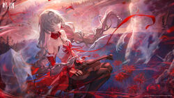 1girl absurdres bandage_over_one_eye bare_shoulders black_pantyhose braid breasts detached_sleeves dress earrings flower ghost grey_eyes grey_hair halter_dress halterneck highres holding holding_instrument instrument jewelry logo long_hair low_twin_braids missing_commentary nail_polish official_art pantyhose parted_lips phrolova_(wuthering_waves) red_dress red_nails red_petals single_detached_sleeve sitting small_breasts solo spider_lily tacet_discord_(wuthering_waves) twin_braids very_long_hair violin wind wuthering_waves yokozuwari
