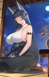 1girl absurdres alternate_breast_size animal_ears arm_strap bare_shoulders black_hair black_skirt braid closed_mouth commentary_request feet fox_ears fox_girl full_moon gauntlets half_up_braid highres hoshimi_miyabi long_hair long_skirt looking_at_viewer moon night no_jacket one_eye_closed red_eyes seiza shirt shirt_tucked_in single_gauntlet sitting skirt solo stirrup_legwear toeless_legwear toes very_long_hair white_shirt yueyueyue_yao zenless_zone_zero
