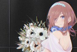 Rule 34 | 1girl, anemone (flower), audio-technica, back, backless dress, backless outfit, bare shoulders, black background, blue eyes, blue flower, blue hairband, blush, bouquet, bride, brown hair, chromatic aberration, closed mouth, dress, enpera, eyes visible through hair, film grain, flower, flower hairband, from behind, go-toubun no hanayome, hair over one eye, hairband, headphones, headphones around neck, highres, holding, holding bouquet, light smile, looking back, loosely tucked bangs, median furrow, medium hair, nakano miku, off-shoulder dress, off shoulder, oyaji hime, portrait, scarf, simple background, solo, split mouth, third-party source, wedding dress, white dress, white flower