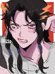 Rule 34 | 1girl, angry, brown hair, character name, collarbone, eyelashes, hair tubes, highres, illuso, jojo no kimyou na bouken, lightning bolt symbol, long hair, looking at viewer, matubaru chan, pointing, pointing at viewer, portrait, red eyes, red theme, shirt, sidelocks, solo, tearing up, vento aureo, white shirt