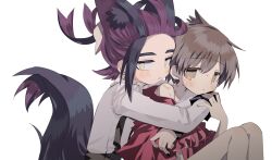 2boys alternate_costume animal_ears black_hair blush brown_eyes brown_hair crossdressing florian_(pokemon) hair_between_eyes hickey highres hug kemonomimi_mode kieran_(pokemon) long_hair long_sleeves looking_at_viewer male_focus multicolored_hair multiple_boys nintendo pokemon pokemon_sv pon1o_pnpn purple_hair shirt simple_background suspenders sweat tail tears trap white_background white_shirt yaoi