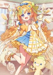 1girl :3 :d animal_ears artist_name bear bear_ears bear_girl blue_hair blunt_bangs blush bow braid cake cake_slice collared_dress commentary contrast_collar cup dress drinking_glass food foot_out_of_frame frilled_dress frilled_sleeves frills fruit green_bow hat hat_bow highres holding holding_cup holding_spoon indoors juliet_sleeves long_sleeves looking_at_viewer medium_hair multicolored_hair open_mouth orange_(fruit) orange_hair orange_slice original plaid_clothes plaid_dress plaid_hat puffy_sleeves shoes smile socks solo spoon standing standing_on_one_leg streaked_hair symbol-only_commentary tsukumi_bis twin_braids twitter_username wide_sleeves yellow_dress yellow_hat yellow_shoes yellow_socks
