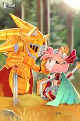 1boy 1girl 1other :o absurdres amy_rose animal_ears animal_nose armor artist_name blue_cape blurry blurry_background caliburn_(sonic) cape daeream forest gold_armor grass green_eyes hand_on_another&#039;s_face helmet highres holding holding_sword holding_weapon kneeling knight looking_at_another nature open_mouth over_shoulder paladin pink_fur planted planted_sword planted_weapon red_cape rock sega shoulder_armor sitting snout sonic_(series) sonic_and_the_black_knight sonic_the_hedgehog sword tree twitter_username weapon weapon_over_shoulder
