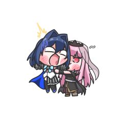 2girls black_dress black_gloves blue_hair blush_stickers bow bowtie cape dress gloves hair_intakes highres holding hololive hololive_english kkeulna lifting_person long_hair mori_calliope mori_calliope_(1st_costume) multiple_girls open_mouth ouro_kronii ouro_kronii_(1st_costume) pink_eyes pink_hair shirt simple_background spikes tiara virtual_youtuber white_background