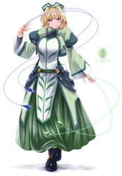 1girl character_name closed_mouth commentary_request copyright_name dress earrings floating_earrings full_body green_dress green_hat hair_intakes hand_up hat highres hoop_earrings jewelry klarwind long_dress long_sleeves looking_at_viewer lyrical_nanoha magic mahou_shoujo_lyrical_nanoha mahou_shoujo_lyrical_nanoha_a&#039;s medium_hair paid_reward_available purple_eyes ring shamal simple_background solo sougetsu_izuki standing white_background wide_sleeves wire