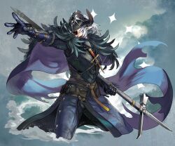 1boy :o belt berg_(pixiv_fantasia_last_saga) cape elf fake_horns fur_cape gloves grey_background helmet highres holding holding_polearm holding_weapon horned_helmet horns knife long_hair male_focus mask pixiv_fantasia pixiv_fantasia_last_saga piyo pointy_ears polearm pouch solo standing war_hammer weapon weapon_request white_hair
