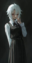 1girl absurdres chainsaw_man collared_shirt dress famine_devil_(chainsaw_man) fourth_east_high_school_uniform haimaotuanzi hand_up highres long_sleeves looking_at_viewer messy_hair pinafore_dress red_eyes school_uniform shirt sleeveless sleeveless_dress solo white_hair white_shirt