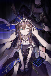 2girls 6+others amiya_(arknights) amiya_(medic)_(arknights) amiya_(medic)_(solo_around_the_world)_(arknights) animal_ears applying_another&#039;s_makeup applying_makeup arknights black_dress black_gloves black_hair black_hat brown_hair closed_mouth collarbone disembodied_hand dress gloves hair_brush hat highres holding holding_brush jewelry long_hair mag_(mag42) makeup_brush makeup_palette multiple_girls multiple_others multiple_rings one_eye_closed rabbit_ears rabbit_girl ring smile solo_focus standing virtuosa_(arknights) virtuosa_(diversity_oneness)_(arknights) witch_hat