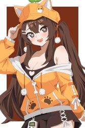 1girl :3 absurdres adjusting_clothes adjusting_headwear aki_orange arm_at_side arm_up bare_shoulders belt_charm black_skirt black_tank_top border breasts bright_pupils brown_background brown_eyes brown_hair charm_(object) cleavage commentary commission cowboy_shot cross-laced_clothes cross-laced_skirt double-parted_bangs drawstring english_commentary game_boy handheld_game_console happy hat heart heart_print highres hood hood_down hoodie indie_virtual_youtuber large_breasts light_blush long_hair long_sleeves miniskirt newsboy_cap off_shoulder open_mouth orange_hat orange_hoodie outside_border partially_unzipped pleated_skirt pom_pom_(clothes) sapling second-party_source shiba_inu sidelocks single_sleeve_past_wrist skirt sleeve_bow smile solo standing tank_top twintails very_long_hair white_border white_pupils xb3oonhdnlxkhfr