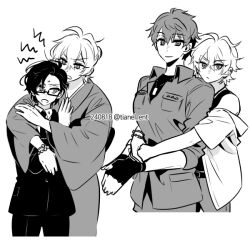 3girls ahoge annoyed aohitsugi_samatoki artist_name bracelet busujima_rio_mason collared_shirt cropped_legs dog_tags earrings fingerless_gloves forced_hug formal_clothes genderswap genderswap_(mtf) glasses gloves greyscale hug hug_from_behind hypnosis_mic iruma_jyuto jacket japanese_clothes jewelry kimono looking_at_another looking_at_viewer mad_trigger_crew military_jacket monochrome multiple_girls necktie off_shoulder own_hands_together shirt short_hair simple_background suit sweatdrop tank_top tianel_ent white_background yuri