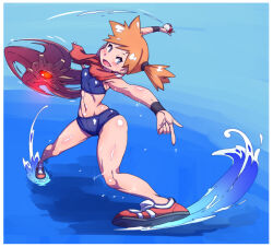 1girl abs armpits asymmetrical_hair bikini blue_bikini blue_eyes blush creatures_(company) game_freak gen_1_pokemon hair_tie holding holding_poke_ball looking_at_viewer misty_(pokemon) muscular muscular_female navel nintendo poke_ball pokemon pokemon_frlg ponytail shoes short_ponytail side_ponytail simple_background smile sneakers solo staryu swimsuit thick_thighs thighs water wet zukin_bouya