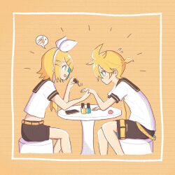 1boy 1girl ahoge applying_manicure aqua_eyes belt black_sailor_collar black_shorts blonde_hair bow bow_hairband breasts bright_pupils brother_and_sister cosmetics flying_sweatdrops hair_bow hairband hand_grab highres holding holding_brush holding_hands kagamine_len kagamine_rin looking_at_hand manmes_214 midriff nail_polish nail_polish_bottle nail_polish_brush neckerchief necktie open_mouth orange_background orange_belt painting_nails ponytail profile sailor_collar sailor_shirt shirt short_hair short_ponytail short_sleeves shorts siblings sitting small_breasts smile spiked_hair spoken_object t-shirt twins vocaloid white_bow white_hairband white_pupils white_shirt yellow_neckerchief yellow_necktie