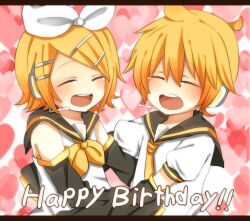 1boy 1girl blonde_hair blush bow closed_eyes commentary hair_bow hair_ornament hairclip happy_birthday headphones headset heart highres hug kagamine_len kagamine_rin long_sleeves neckerchief necktie open_mouth ponytail sailor_collar shirt short_hair short_ponytail short_sleeves sleeveless sleeveless_shirt smile taiya tearing_up vocaloid