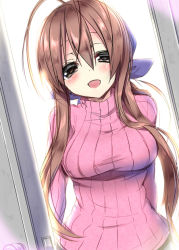 Rule 34 | 00s, 1girl, :d, antenna hair, bow, breasts, brown eyes, brown hair, clannad, door, female focus, furukawa sanae, hair bow, long hair, masayu, open mouth, ponytail, ribbed sweater, smile, solo, sweater, turtleneck