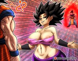 1boy 2girls ? angry black_eyes black_hair bracelet breasts caulifla chi-chi_(dragon_ball) dragon_ball dragon_ball_super earrings hair_bun husband_and_wife jewelry large_breasts looking_at_another multiple_girls nipples pants red_eyes rezp saiyan short_hair son_goku torn_clothes wristband