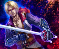 1boy 1girl amy_sorel blonde_hair byuune drill_hair closed_eyes flower gloves glowing glowing_eyes hair_flower hair_ornament jewelry necklace no_mask raphael_sorel rapier red_eyes red_hair rose smirk soul_calibur soulcalibur_iv sword weapon