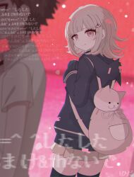1boy 1girl animal_bag brown_hair cat_bag chi_gu danganronpa_(series) danganronpa_2:_goodbye_despair flipped_hair galaga glitch highres hinata_hajime jacket long_sleeves medium_hair nanami_chiaki pink_bag pink_eyes pleated_skirt shirt skirt smile solo_focus white_shirt