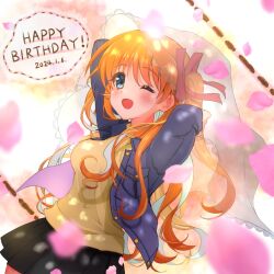 1girl 2024 ;d arms_behind_head black_skirt blue_eyes blue_jacket blurry blush bridal_veil commentary_request cowboy_shot dated depth_of_field dutch_angle falling_petals floating_hair hair_between_eyes hair_ribbon happy happy_birthday highres jacket kanon long_hair long_sleeves looking_at_viewer miniskirt one_eye_closed open_clothes open_jacket open_mouth orange_hair petals pleated_skirt red_ribbon ribbon sawatari_makoto shirt skirt smile solo suiryuu_(suiryu_47) two_side_up veil very_long_hair yellow_shirt
