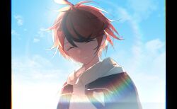 ^_^ absurdres ahoge black_streaks blue_sky cathon613 chinese_commentary closed_eyes facing_viewer grey_jacket highres hood hoodie jacket jacket_over_hoodie male_focus multicolored_hair open_clothes open_jacket pillarboxed red_hair short_hair sky smile streaked_hair sumino_takumi sun_glare the_hundred_line_-last_defense_academy- upper_body white_hoodie