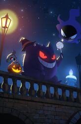 absurdres asteroid_ill bridge candy creature creature_focus duskull food gastly gen_1_pokemon gen_3_pokemon gen_5_pokemon gengar grin halloween_bucket hat highres holding holding_candy holding_food holding_lollipop lamppost litwick lollipop night nintendo no_humans outdoors pedestrian_bridge pokemon pokemon_(creature) sky smile star_(sky) starry_sky teeth witch_hat