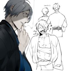 2boys blue_kimono character_request cigarette constricted_pupils fangs gegege_no_kitarou grey_hair haori japanese_clothes kimono kitarou_tanjou:_gegege_no_nazo looking_at_viewer male_focus medama_oyaji medama_oyaji_(human) multiple_boys multiple_views shi646 short_hair smoke smoke_trail smoking toned toned_male translation_request upper_body white_background yawning
