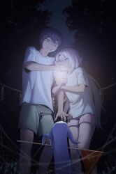 1boy 1girl absurdres blue_skin blurry blurry_background cellphone colored_skin dark flashlight green_eyes hair_ornament hair_ribbon hairclip hand_on_another&#039;s_cheek hand_on_another&#039;s_face highres holding holding_another&#039;s_arm holding_phone kenmochi_touya long_hair low_ponytail night nijisanji one_eye_closed outdoors phone po_(po_495) ponytail purple_hair ribbon scared shide shiina_yuika shirt short_hair shorts silk smartphone spider_web sweatdrop t-shirt tree uneven_eyes virtual_youtuber white_hair