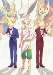 3boys arceus blonde_hair blouse blue_suit bow bowtie brothers creatures_(company) formal_clothes game_freak gen_4_pokemon gen_8_pokemon green_(gurin) hand_on_own_hip legendary_pokemon multiple_boys mythical_pokemon nintendo pokemon pokemon_(creature) pokemon_legends:_arceus pokemon_swsh red_suit shielbert_(pokemon) shirt siblings smile sordward_(pokemon) spoilers suit traditional_bowtie twins volo_(pokemon) white_shirt zacian zacian_(crowned) zamazenta zamazenta_(crowned)